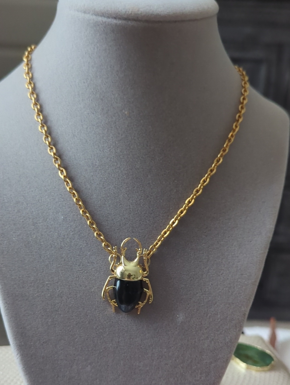 Gold-Tone Scarab Pendant Necklace with Black Stone
